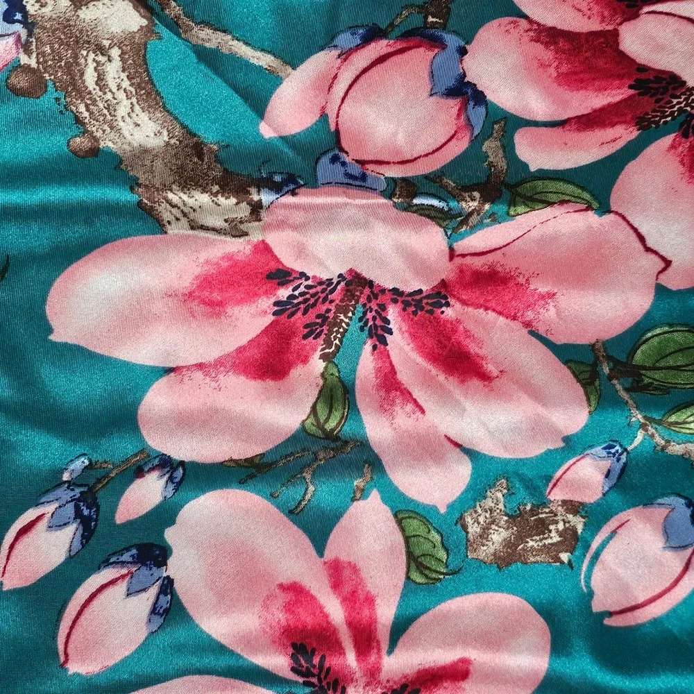 Teal Green Pink Cherry Blossom Floral Silk Feel Satin Square Scarf 35x35
